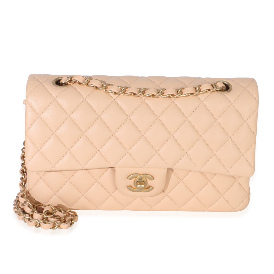 Chanel Beige Quilted Lambskin Medium Classic Double Flap Bag Leather Handbag