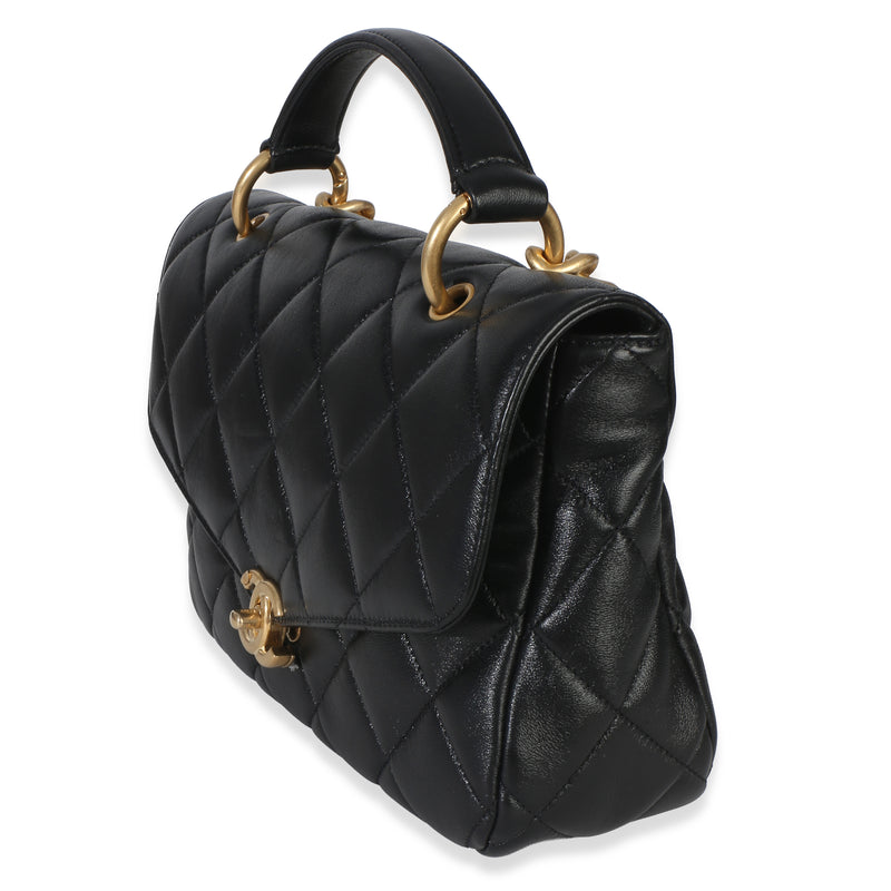 Chanel Black Quilted Lambskin Top Handle Envelope Flap Bag Leather Handbag