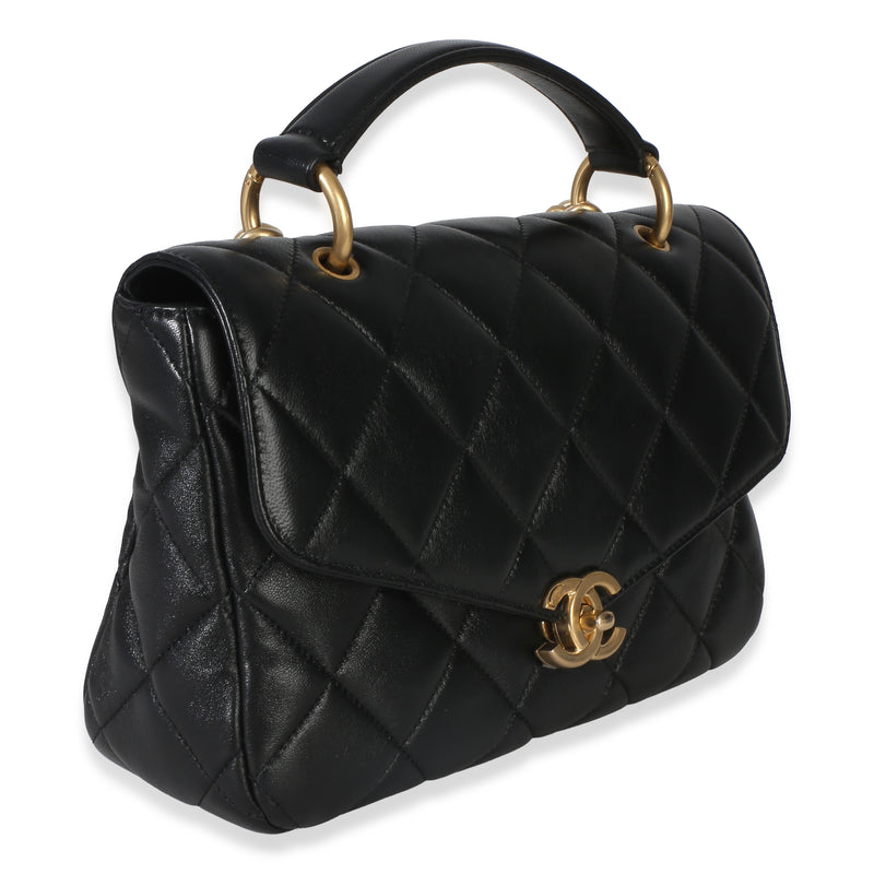 Chanel Black Quilted Lambskin Top Handle Envelope Flap Bag Leather Handbag