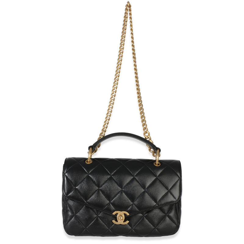 Chanel Black Quilted Lambskin Top Handle Envelope Flap Bag Leather Handbag