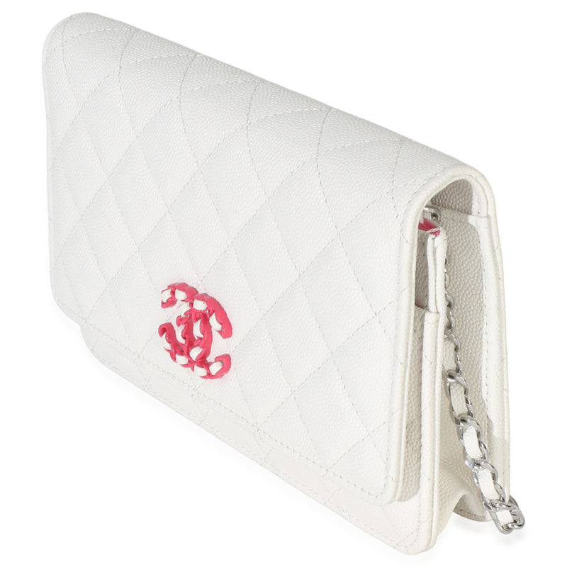 Chanel White Pink Quilted Caviar Woven Cc Wallet On Chain Pink; Leather Handbag