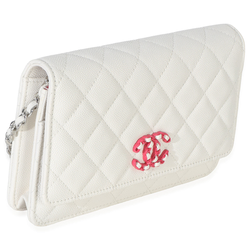 Chanel White Pink Quilted Caviar Woven Cc Wallet On Chain Pink; Leather Handbag