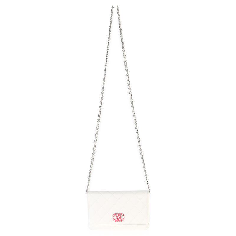 Chanel White Pink Quilted Caviar Woven Cc Wallet On Chain Pink; Leather Handbag