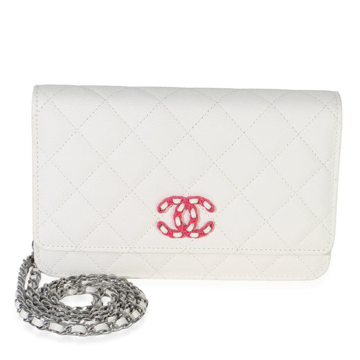 Chanel White Pink Quilted Caviar Woven Cc Wallet On Chain Pink; Leather Handbag