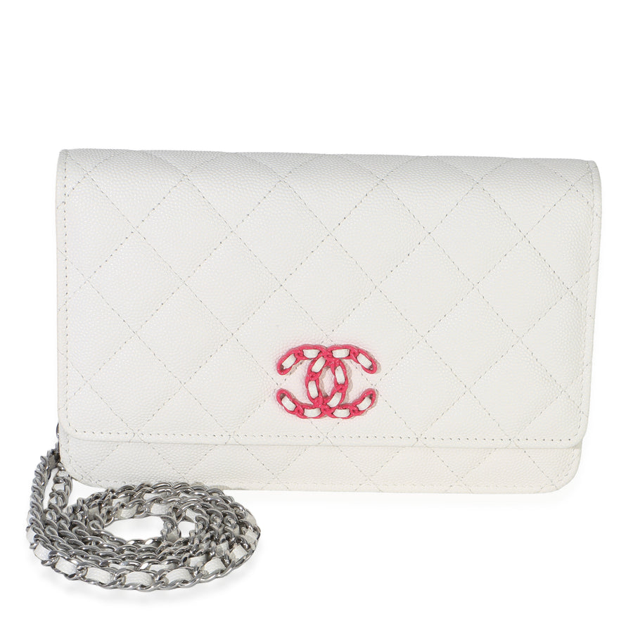Chanel White Pink Quilted Caviar Woven Cc Wallet On Chain Pink; Leather Handbag