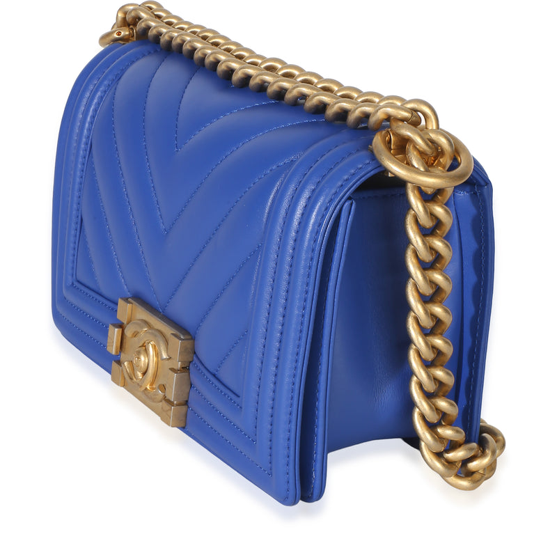Chanel Blue Lambskin Chevron Quilted Small Boy Bag Leather Handbag