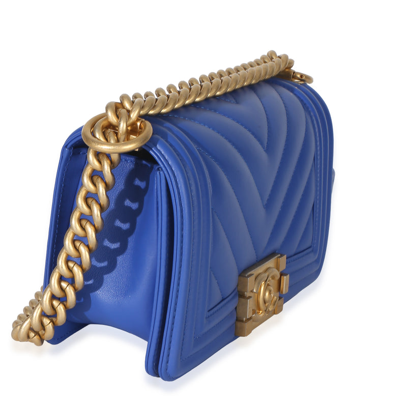 Chanel Blue Lambskin Chevron Quilted Small Boy Bag Leather Handbag