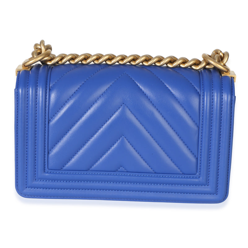 Chanel Blue Lambskin Chevron Quilted Small Boy Bag Leather Handbag