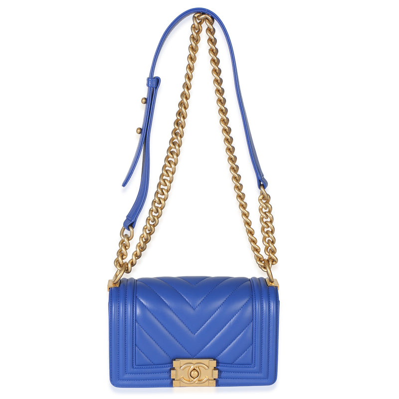 Chanel Blue Lambskin Chevron Quilted Small Boy Bag Leather Handbag