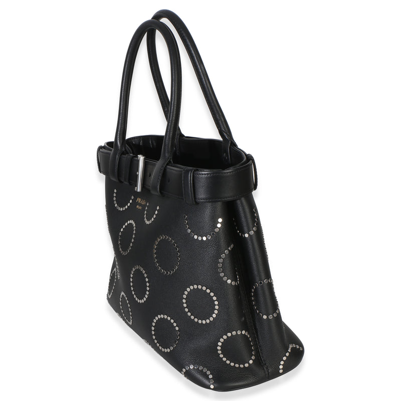 Prada Black Soft Grain Calfskin Studded Large Buckle Bag With Belt Leather Handbag