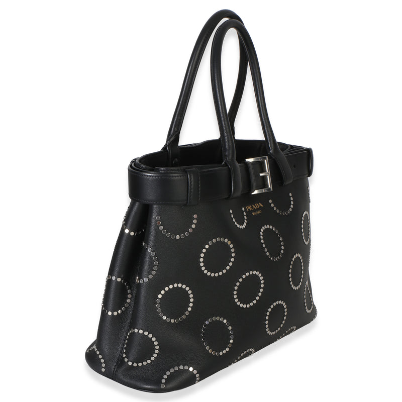 Prada Black Soft Grain Calfskin Studded Large Buckle Bag With Belt Leather Handbag