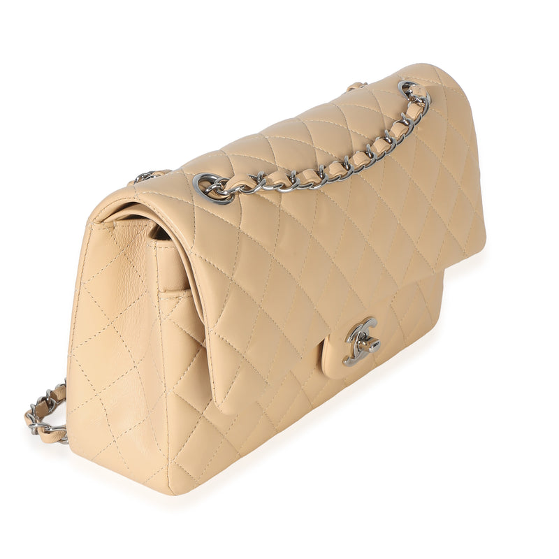 Chanel Beige Quilted Lambskin Medium Classic Double Flap Bag Leather Handbag
