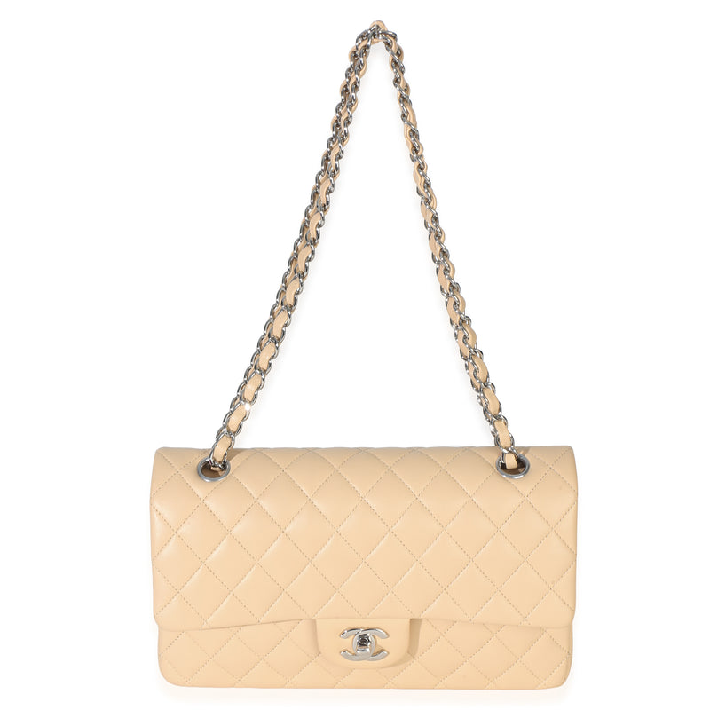 Chanel Beige Quilted Lambskin Medium Classic Double Flap Bag Leather Handbag