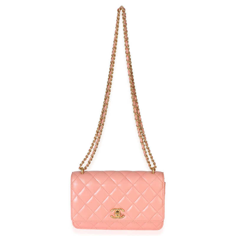 Chanel Iridescent Pink Quilted Lambskin Cc Wallet On Chain Leather Handbag