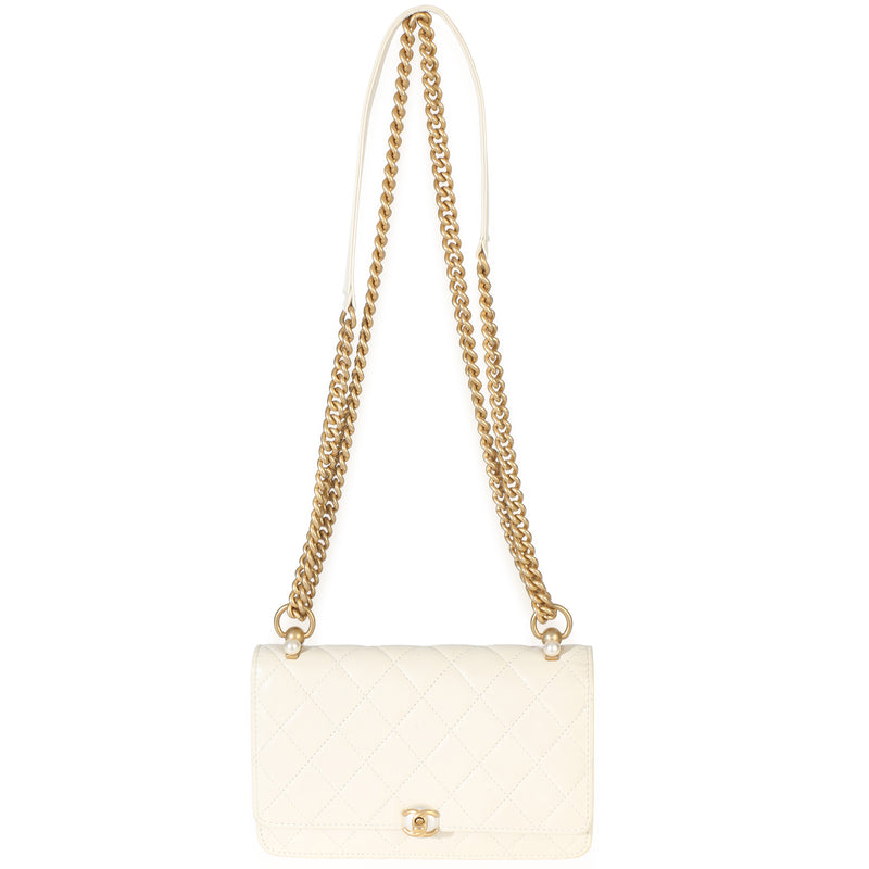 Chanel White Quilted Calfskin Pearl Cc Wallet On Chain Leather Handbag