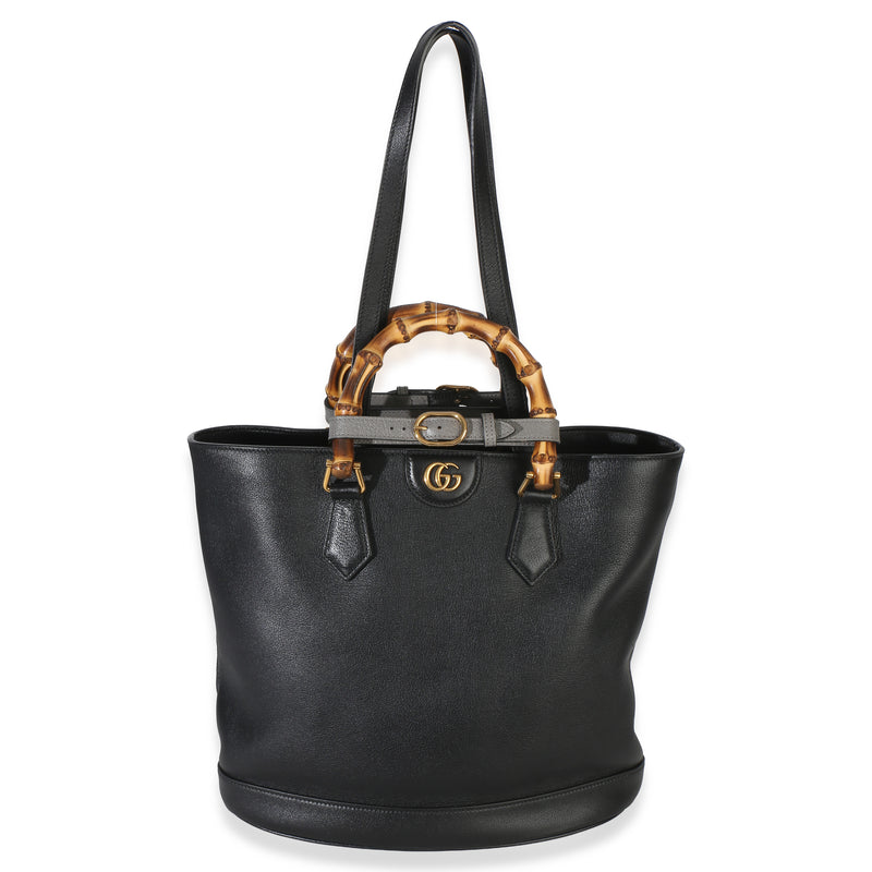 Gucci Black Dollar Calfskin Gg Diana Medium Bamboo Handle Tote Leather Handbag