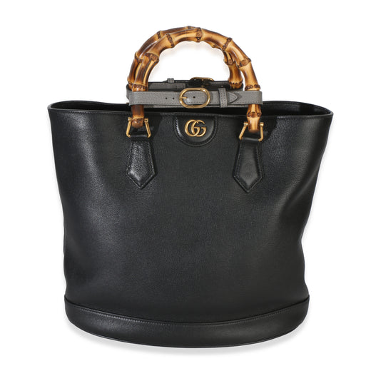 Gucci Black Dollar Calfskin Gg Diana Medium Bamboo Handle Tote Leather Handbag
