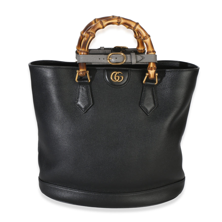 Gucci Black Dollar Calfskin Gg Diana Medium Bamboo Handle Tote Leather Handbag