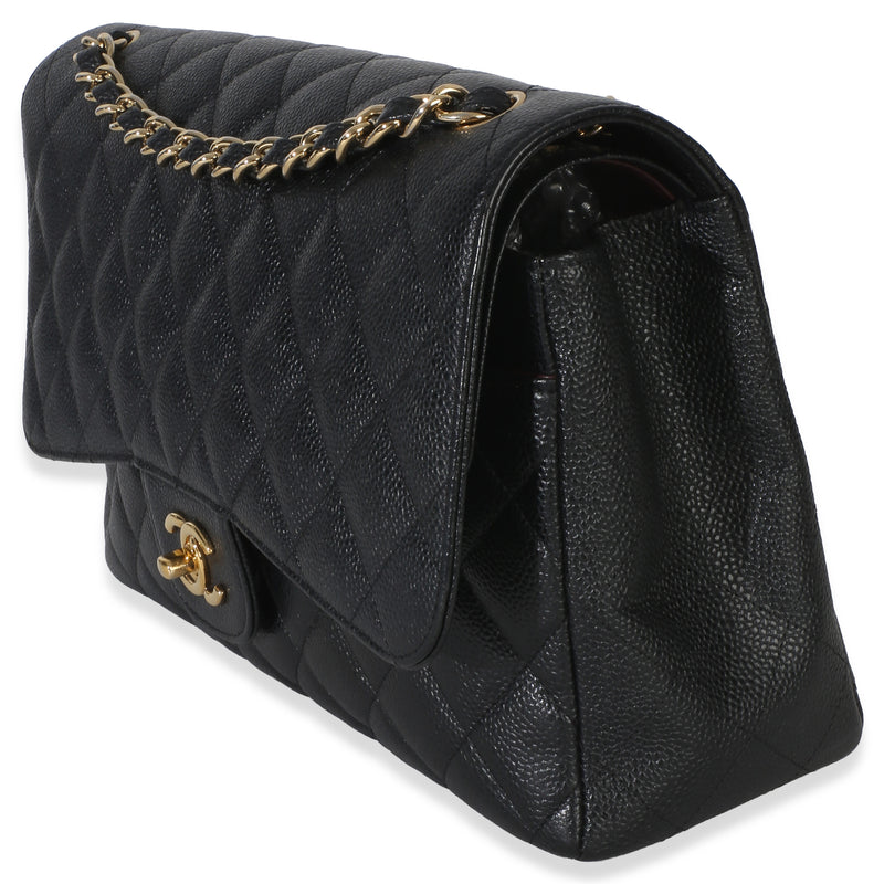 Chanel Black Quilted Caviar Jumbo Double Flap Handbag Leather