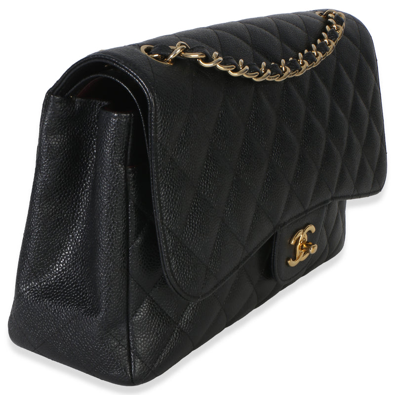 Chanel Black Quilted Caviar Jumbo Double Flap Handbag Leather