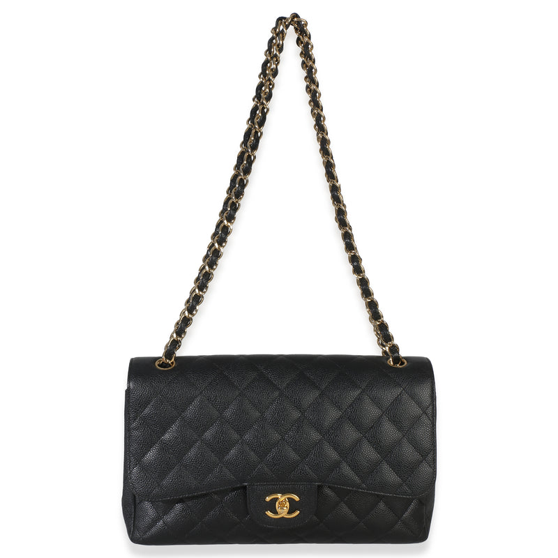 Chanel Black Quilted Caviar Jumbo Double Flap Handbag Leather