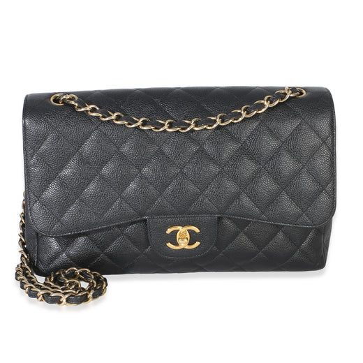 Chanel Black Quilted Caviar Jumbo Double Flap Handbag Leather