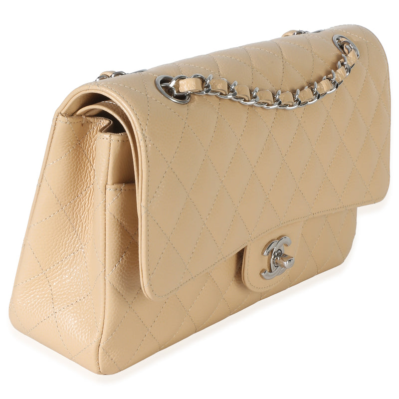 Chanel Beige Quilted Caviar Medium Double Flap Handbag Leather
