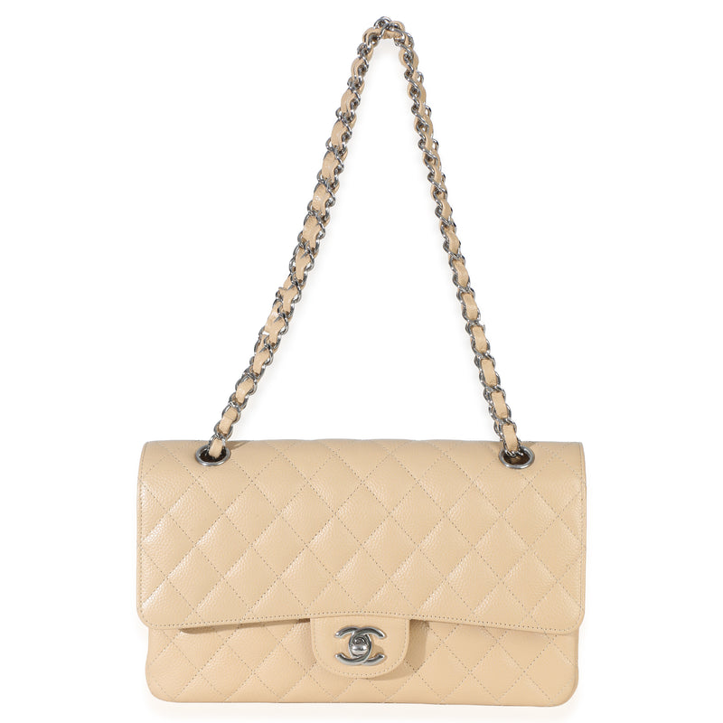 Chanel Beige Quilted Caviar Medium Double Flap Handbag Leather