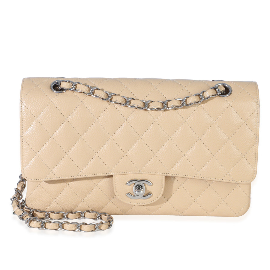 Chanel Beige Quilted Caviar Medium Double Flap Handbag Leather