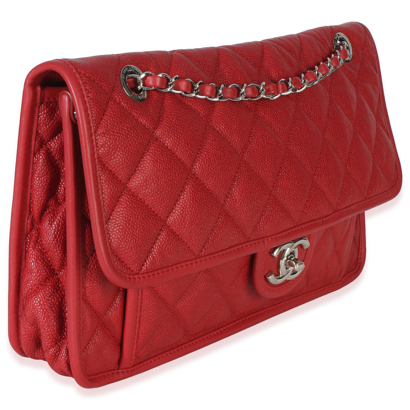 Chanel Red Quilted Caviar Medium French Riviera Flap Handbag Leather