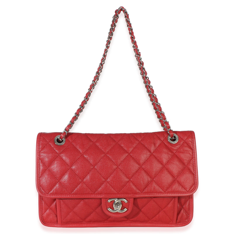 Chanel Red Quilted Caviar Medium French Riviera Flap Handbag Leather