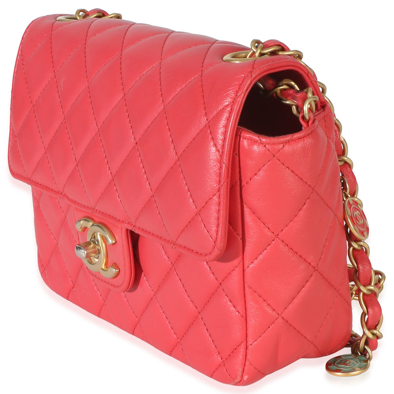 Chanel Red Quilted Lambskin Coco Pins Chain Mini Flap Bag Pink Leather Handbag