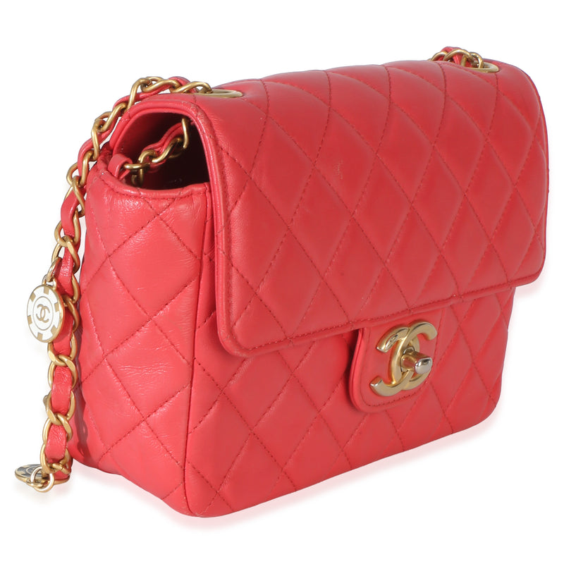 Chanel Red Quilted Lambskin Coco Pins Chain Mini Flap Bag Pink Leather Handbag