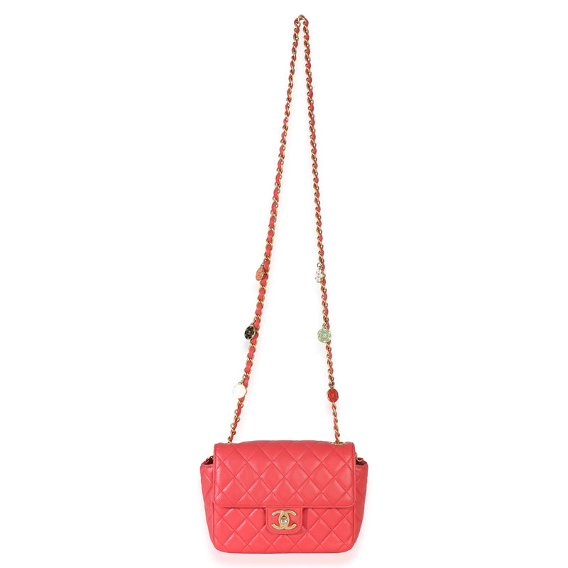 Chanel Red Quilted Lambskin Coco Pins Chain Mini Flap Bag Pink Leather Handbag