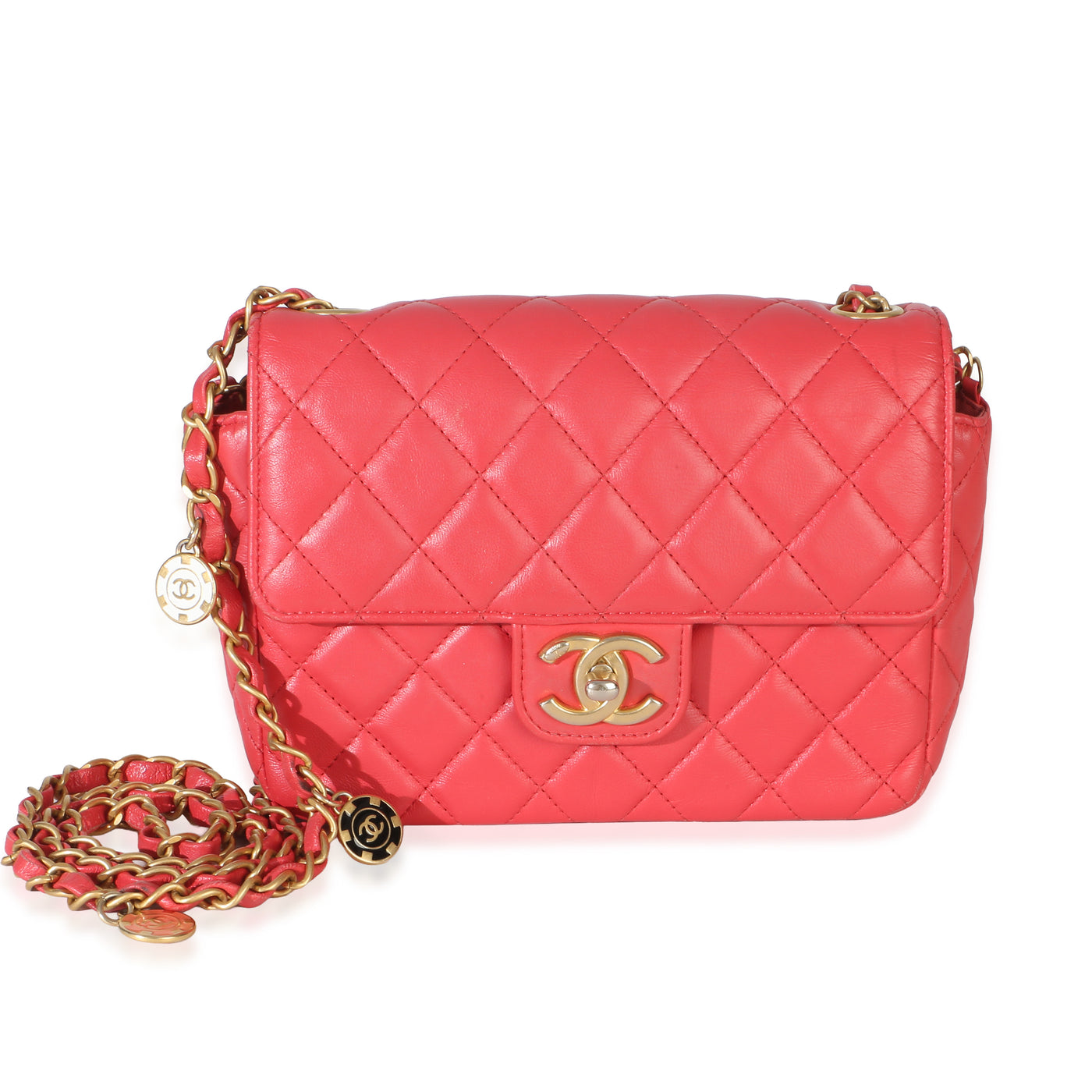 Chanel Red Quilted Lambskin Coco Pins Chain Mini Flap Bag Pink Leather Handbag