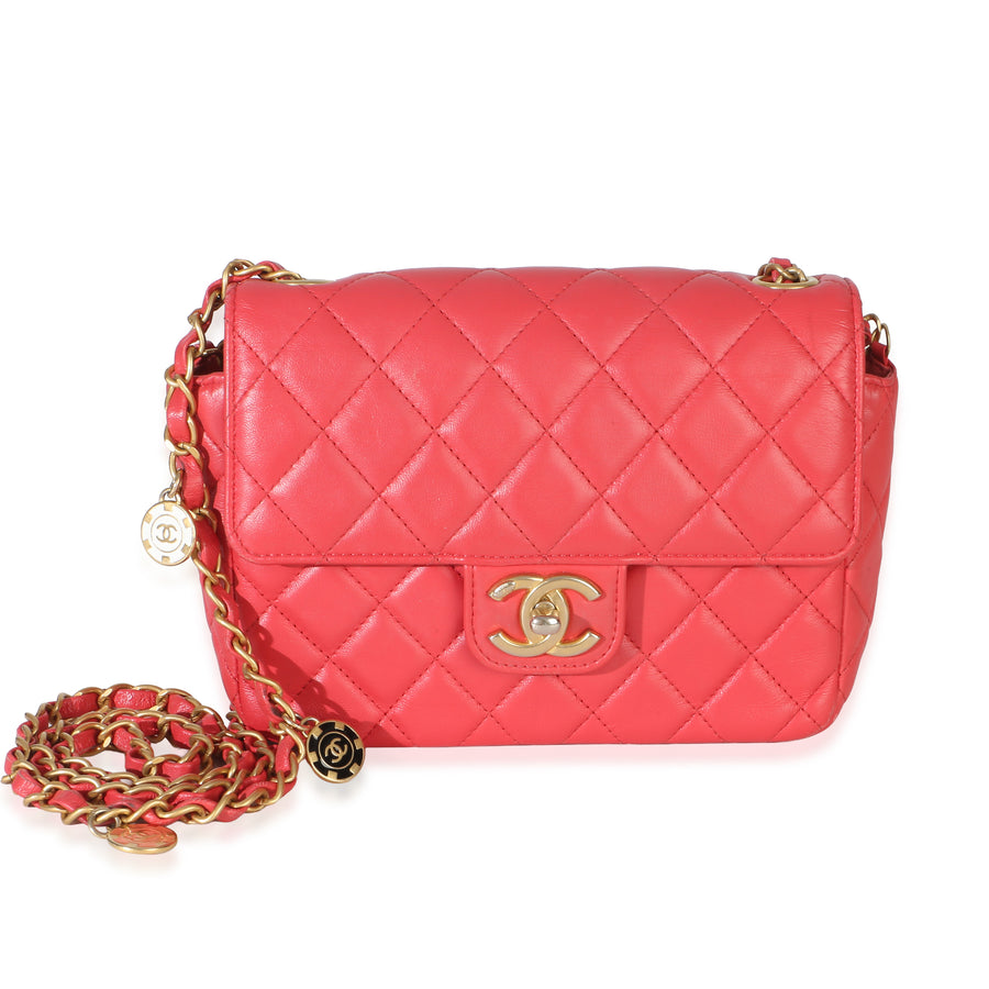 Chanel Red Quilted Lambskin Coco Pins Chain Mini Flap Bag Pink Leather Handbag