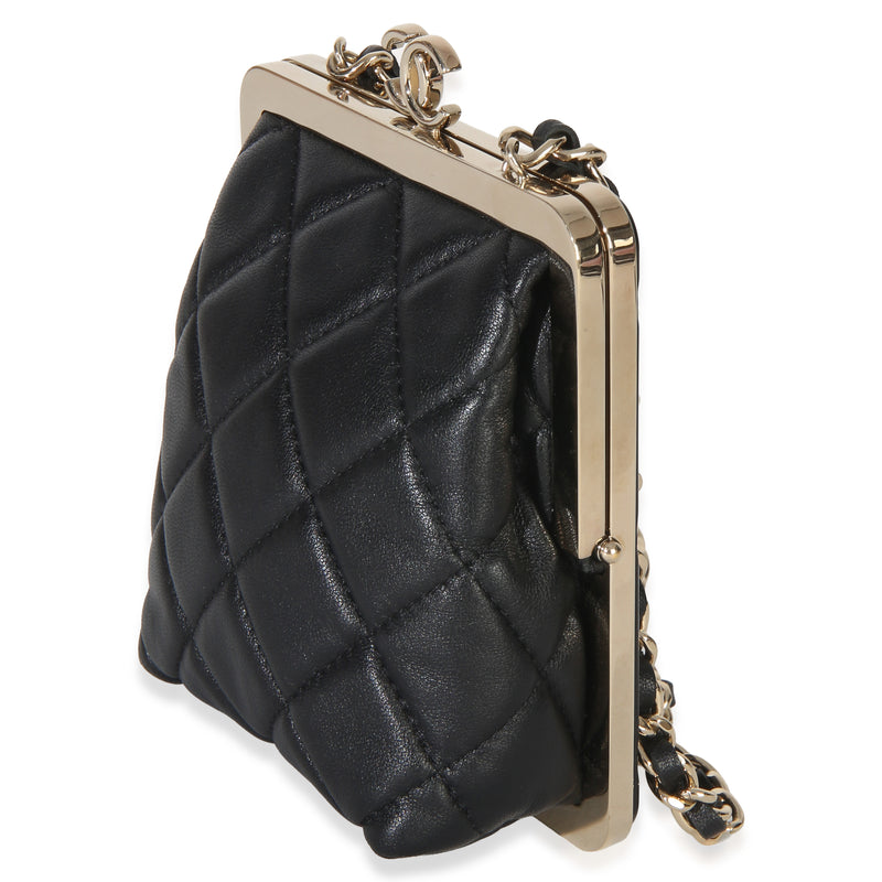 Chanel Black Quilted Lambskin Cc Frame Clutch With Chain Leather Handbag