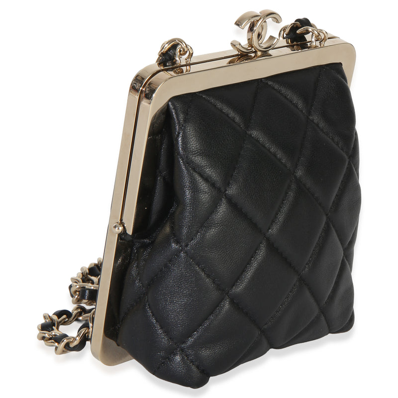 Chanel Black Quilted Lambskin Cc Frame Clutch With Chain Leather Handbag