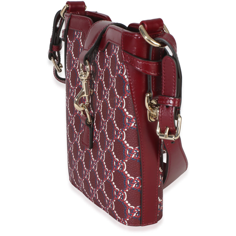Gucci Red Multicolor Gg Monogram Grained Calfskin Mini Shadow Bucket Bag Canvas; Leather Handbag