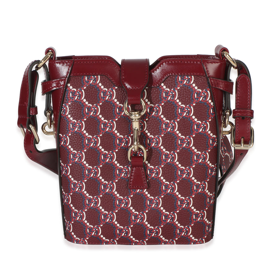 Gucci Red Multicolor Gg Monogram Grained Calfskin Mini Shadow Bucket Bag Canvas; Leather Handbag
