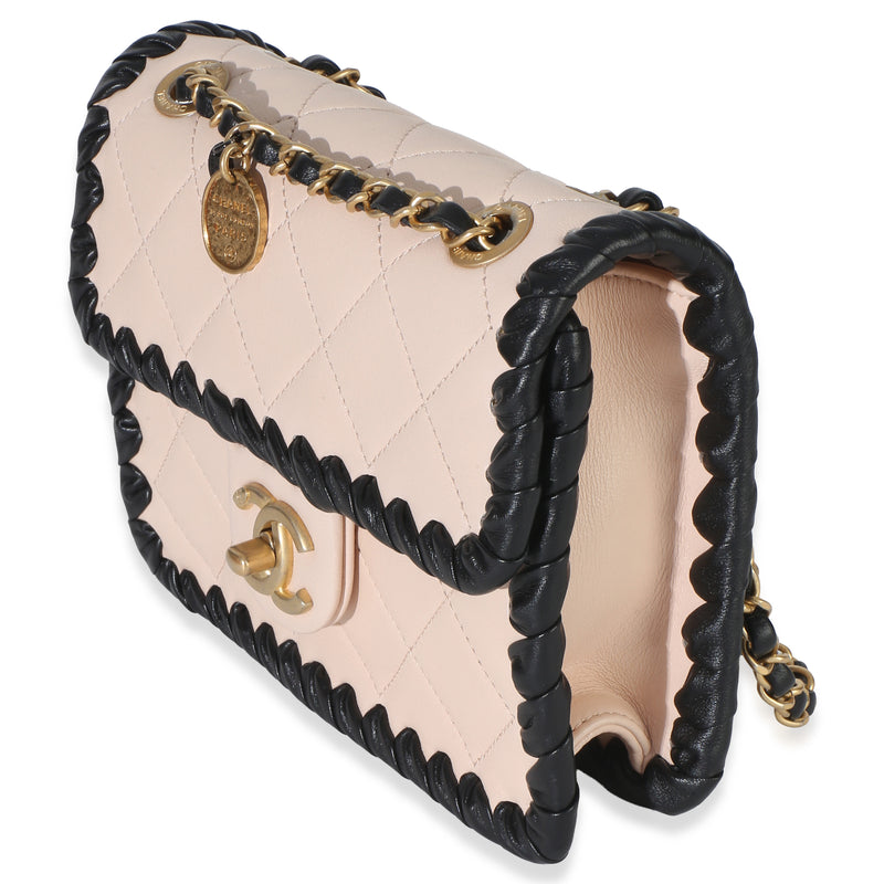 Chanel Black Beige Braided Calfskin Mini My Own Frame Flap Bag Leather Handbag