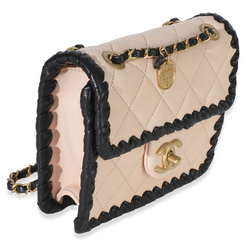 Chanel Black Beige Braided Calfskin Mini My Own Frame Flap Bag Leather Handbag