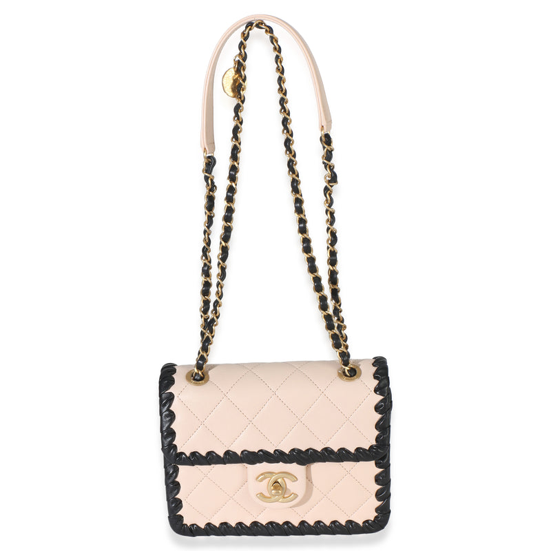 Chanel Black Beige Braided Calfskin Mini My Own Frame Flap Bag Leather Handbag