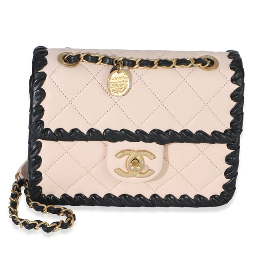 Chanel Black Beige Braided Calfskin Mini My Own Frame Flap Bag Leather Handbag