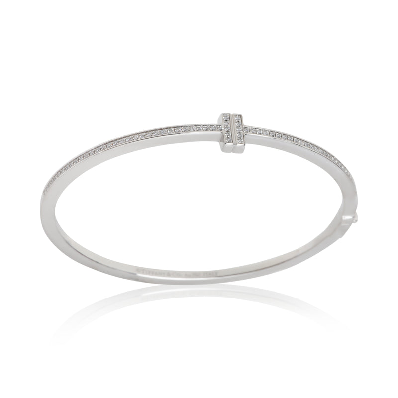 Tiffany & Co. White Gold Diamond T Narrow Hinged Bracelet 18k