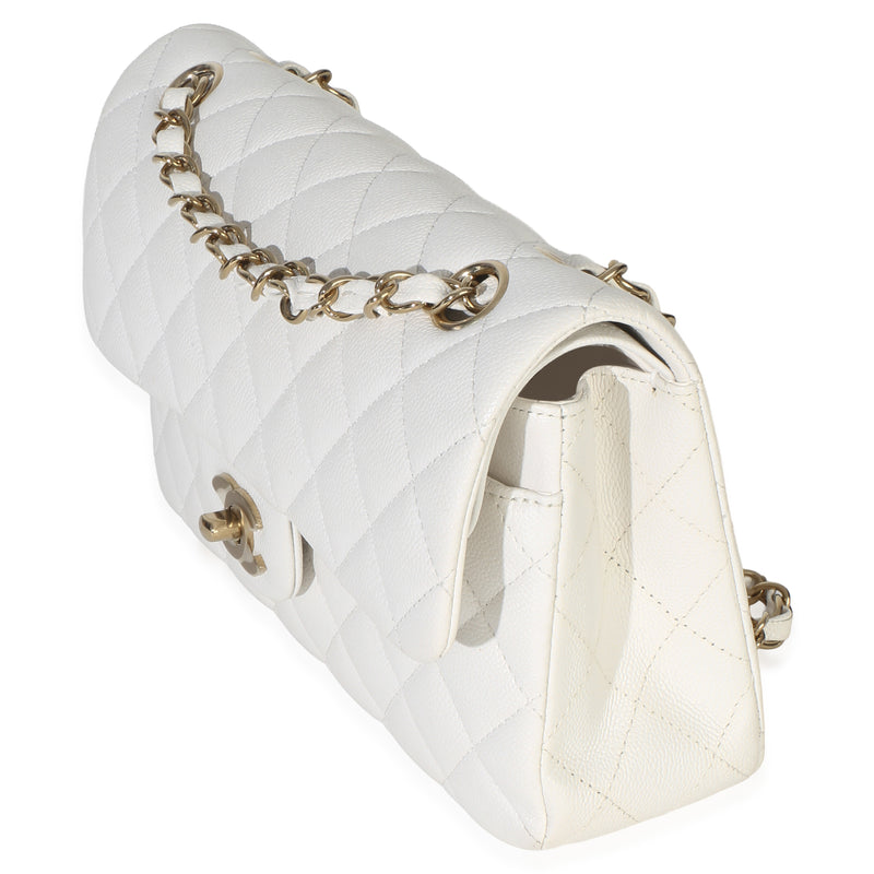 Chanel White Quilted Caviar Small Classic Double Flap Handbag Leather