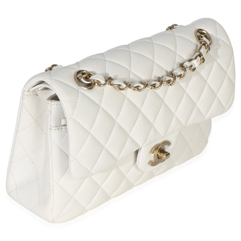 Chanel White Quilted Caviar Small Classic Double Flap Handbag Leather