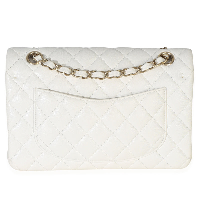 Chanel White Quilted Caviar Small Classic Double Flap Handbag Leather