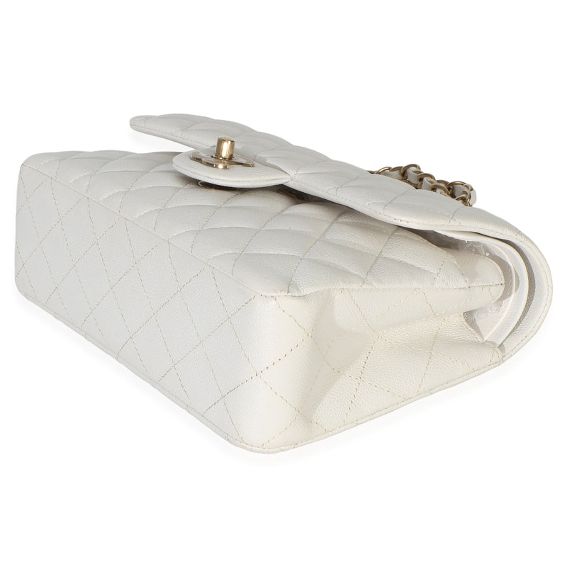 Chanel White Quilted Caviar Small Classic Double Flap Handbag Leather