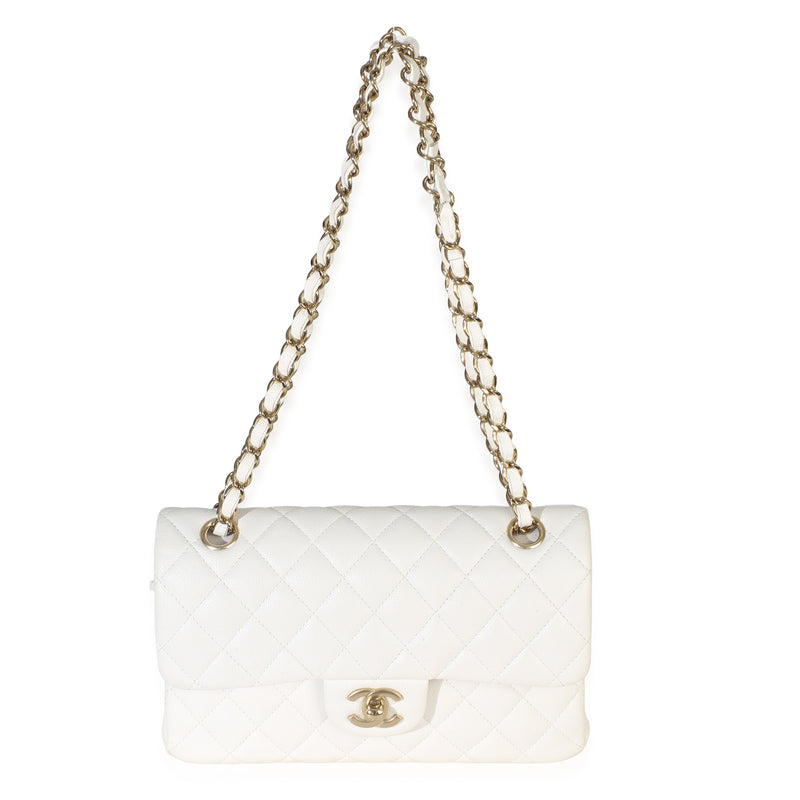 Chanel White Quilted Caviar Small Classic Double Flap Handbag Leather